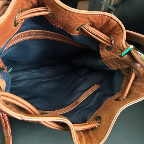 Cole Haan Cognac Pebbled Leather Bucket Bag Drawstring Shoulder Crossbody - Picture 7 of 11